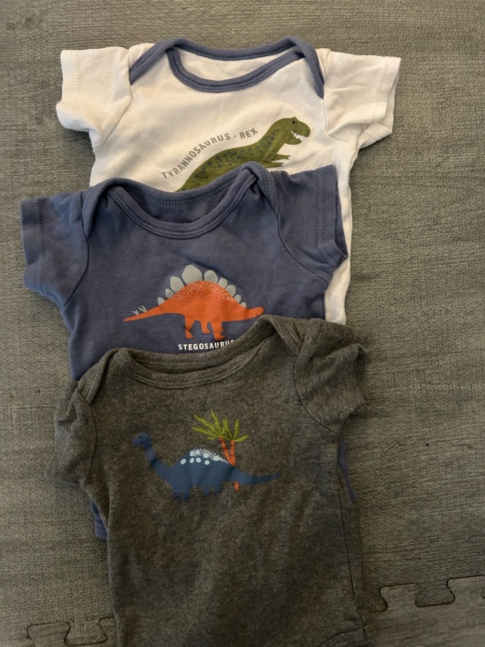 Baby Dinosaur Onesie Trio - White, Blue, Gray. Size 6-9M
